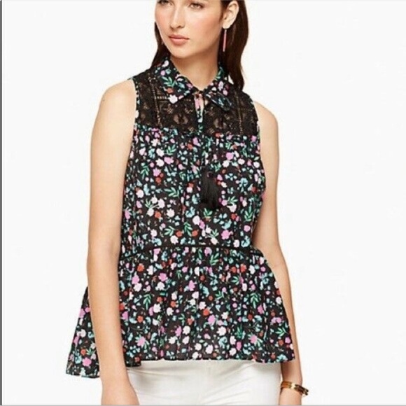 Kate Spade Floral Peplum Lace Yoke Top Size Medium - Picture 1 of 8